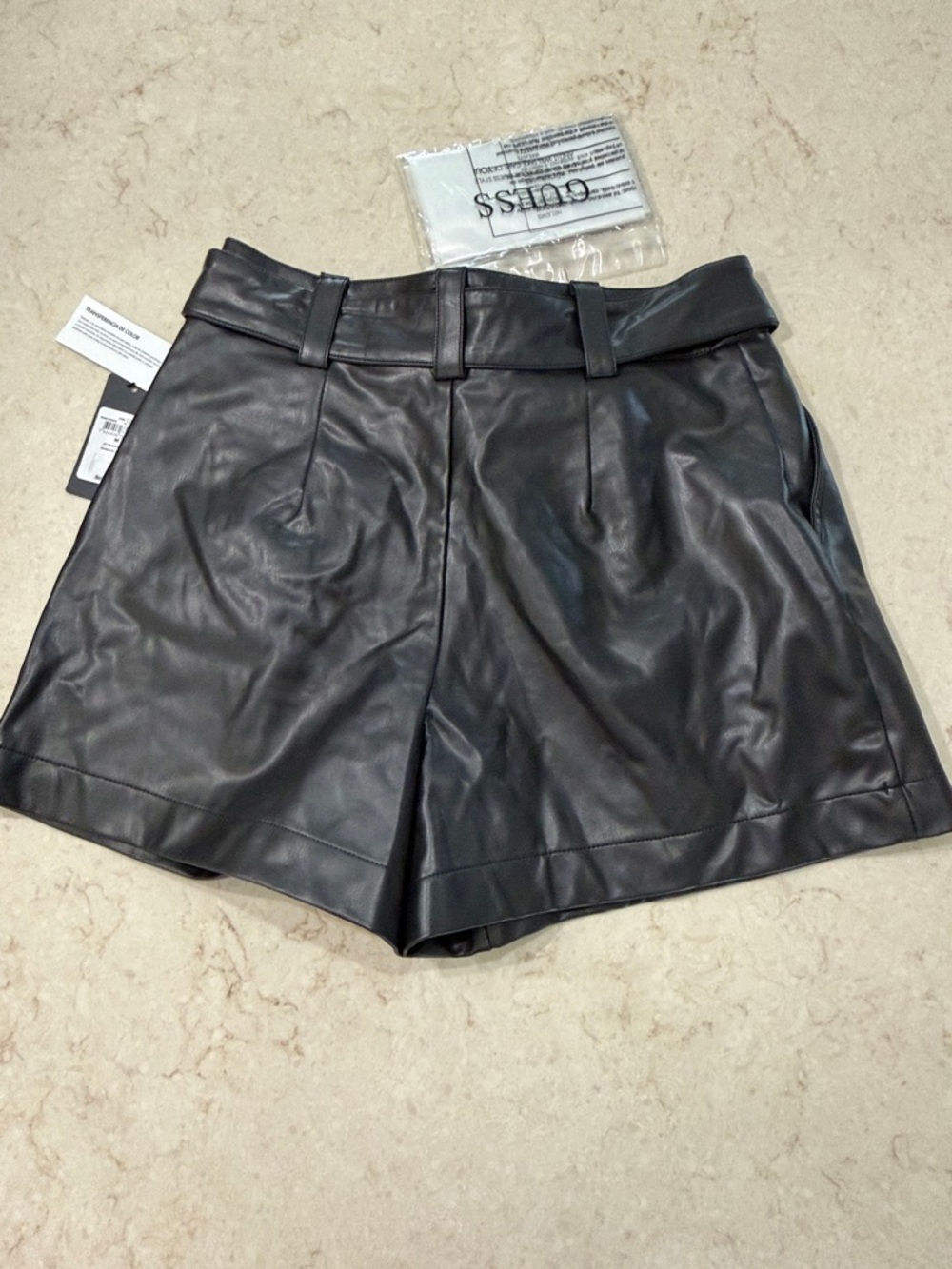 GUESS Black Faux Leather High-Waist Tie-Belt Shorts size medium NWT - Picture 6 of 9